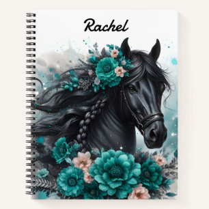 Schönes schwarzes Pferd mit Türkisen Blumen Notizbuch