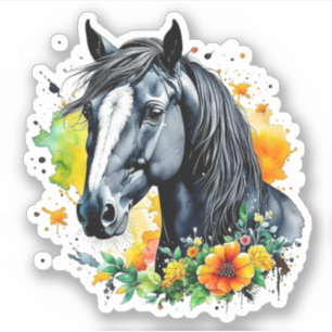 Schönes schwarzes Pferd umgeben von gelben Blumen Aufkleber
