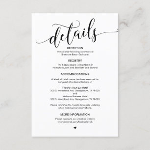 Schönes, schwarzes Skript, unsere Hochzeitdetails Begleitkarte