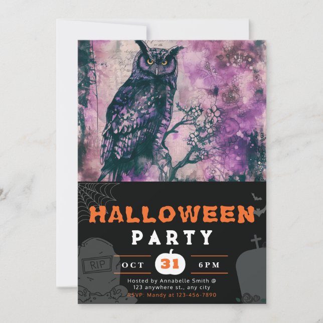 Schönes Schwarzes und Lila Schwarzes Halloween Einladung (Vorderseite)