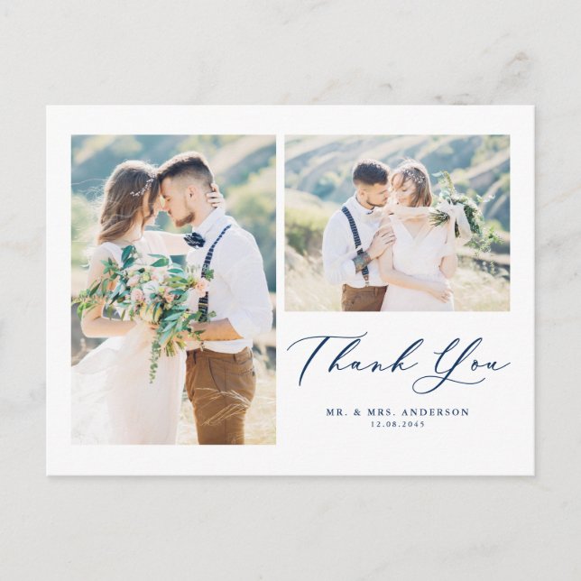 Schönes Script Blue Two Foto Collage Vielen Dank Postkarte (Vorderseite)