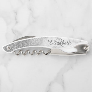 Schönes Silbernes Marmor Monogramm Ombre Glitter Kellnermesser