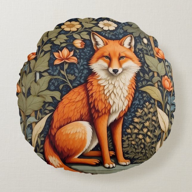 Schönes Sitzen Red Fox William Morris Inspiriert Rundes Kissen (Vorderseite)