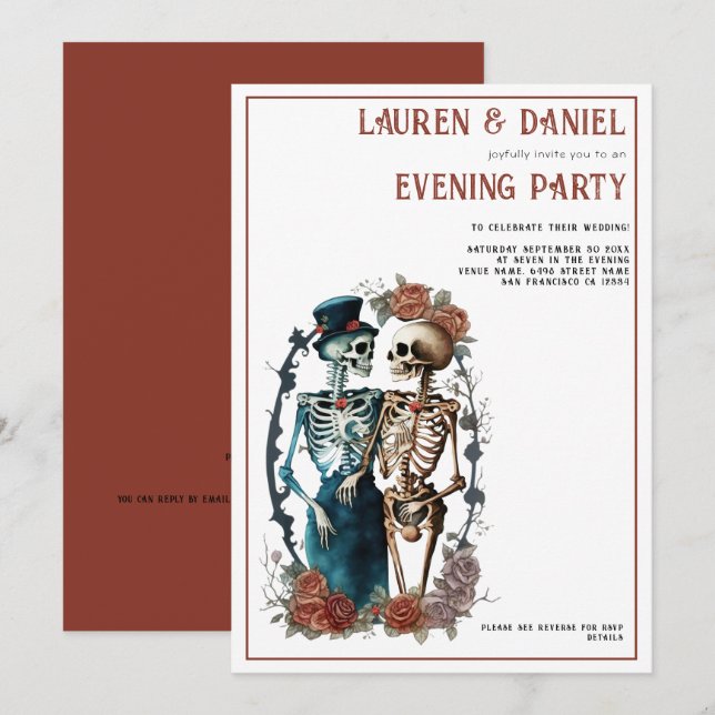 Schönes Skeleton Couple QR Wedding Abend Party Einladung (Vorne/Hinten)