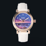 Schönes Sonnenuntergang Küstenbild Armbanduhr<br><div class="desc">Eine Armbanduhr mit einem hübschen Foto in lila,  blauen und rosa Farbtönen bei Sonnenuntergang. Eine hübsche Küste mit Felsen.</div>
