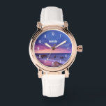 Schönes Sonnenuntergang Küstenbild Armbanduhr<br><div class="desc">Eine Armbanduhr mit einem hübschen Foto in lila,  blauen und rosa Farbtönen bei Sonnenuntergang. Eine hübsche Küste mit Felsen.</div>