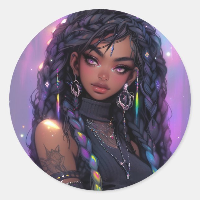 Schönes stilvolles Braided Hair Anime Girl Runder Aufkleber (Vorderseite)