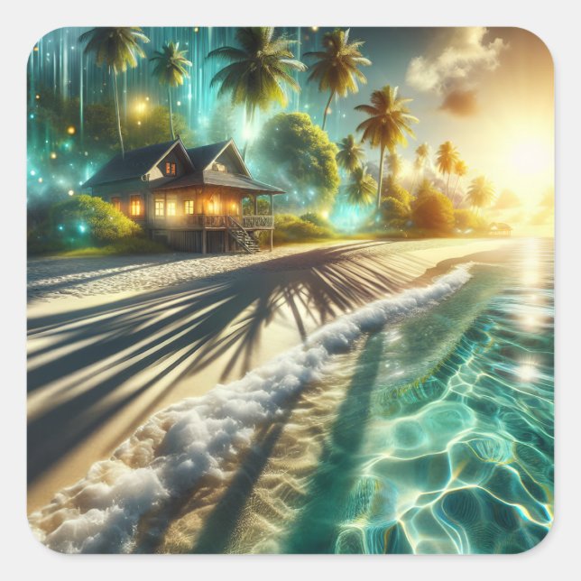 Schönes Sunset Beach House Quadratischer Aufkleber (Vorderseite)