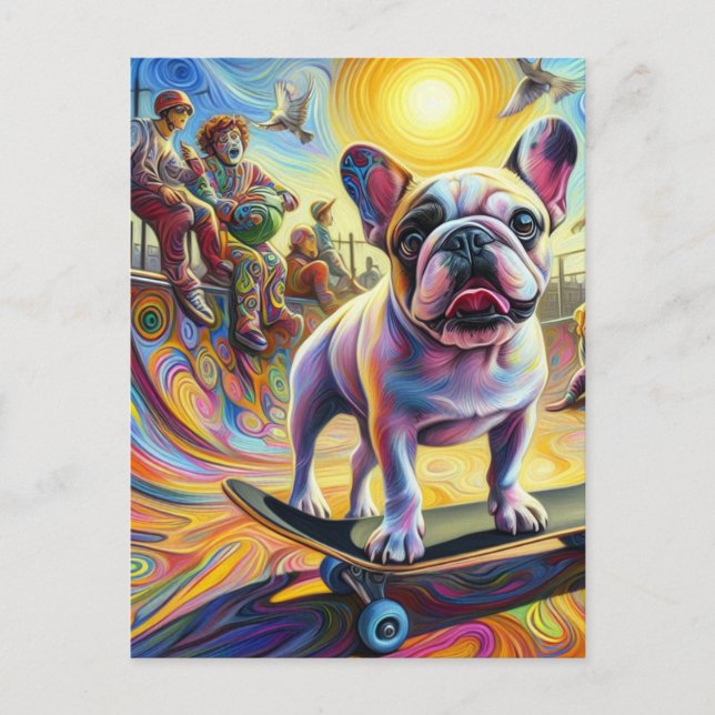 Schönes Surreal French Bulldog Skateboarding Postkarte (Vorderseite)