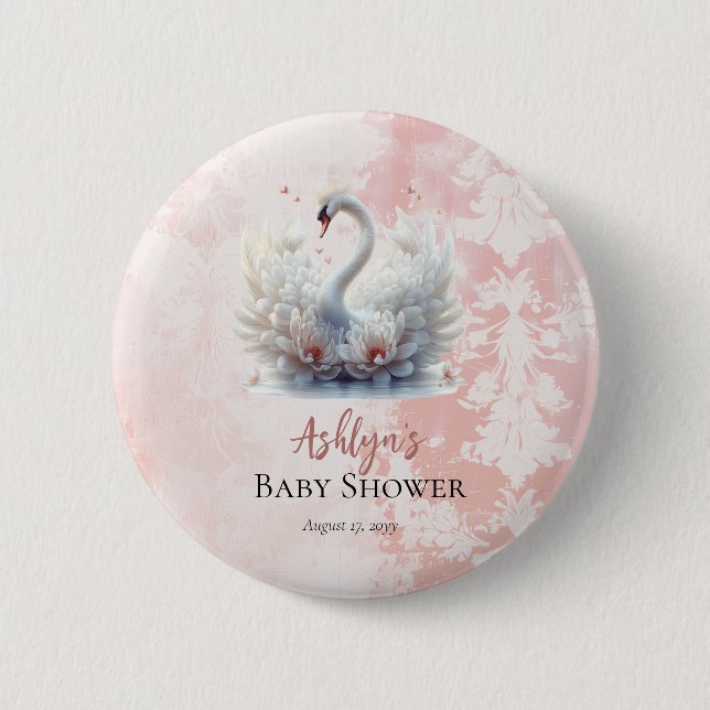 Schönes Swan Floral Damask Baby Dusche Gefallen Button (Vorderseite)