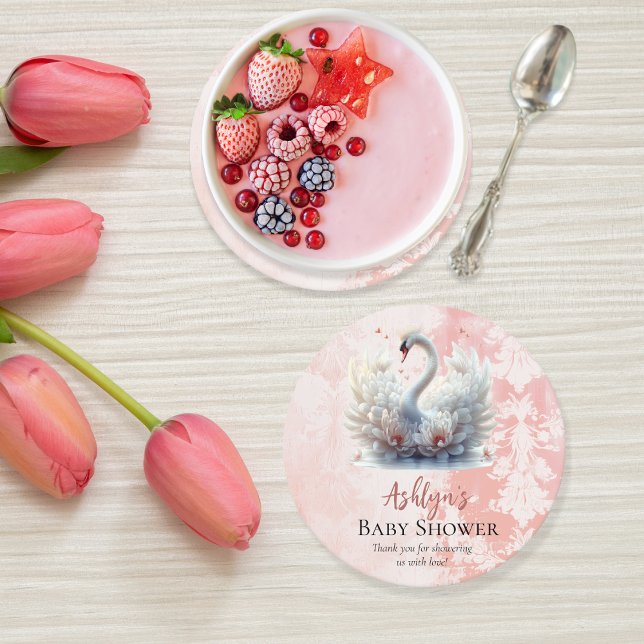 Schönes Swan Floral Damask Baby Dusche Gefallen Runder Pappuntersetzer (Beautiful Swan Pink Floral Damask Girl Baby Shower Round Paper Coaster)