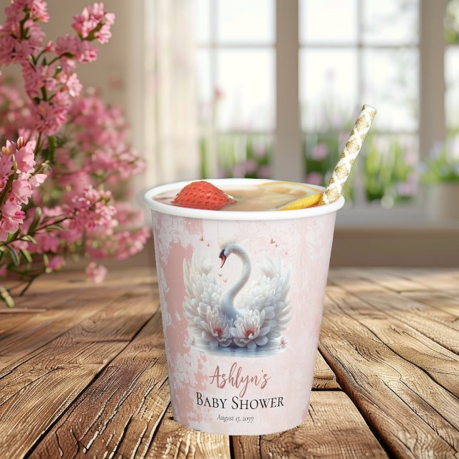 Schönes Swan Pink Floral Damask Girl Babydusche Pappbecher (Beautiful Swan Pink Floral Damask Girl Baby Shower Paper Cups)