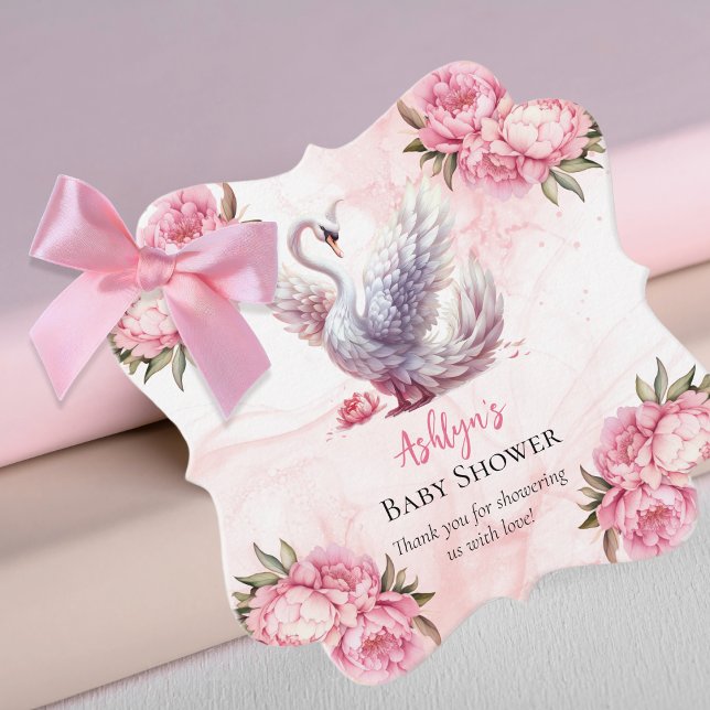 Schönes Swan Pink Floral Girl Babydusche Geschenkanhänger (Beautiful Swan Pink Floral Peonies Girl Baby Shower Favor Tags)
