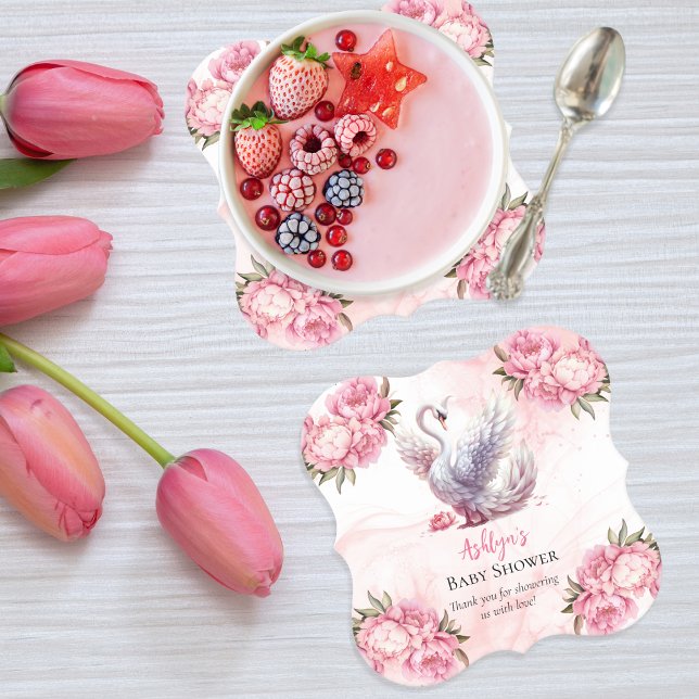 Schönes Swan Pink Floral Girl Babydusche Untersetzer (Beautiful Swan Pink Floral Peonies Girl Baby Shower Coaster)