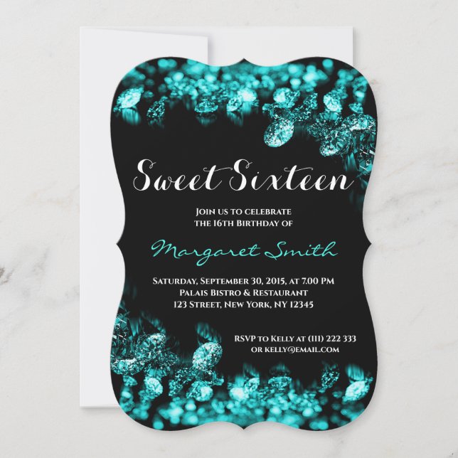 Schönes Sweet 16 Diamonds Türkis Einladung (Vorderseite)