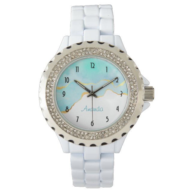 Schönes tropisches grünes Blau mit goldener Grenze Armbanduhr (Vorderseite)