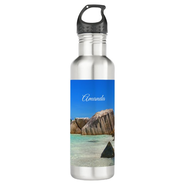 Schönes tropisches Meer mit felsenbedeckter Küste Edelstahlflasche (Vorderseite)