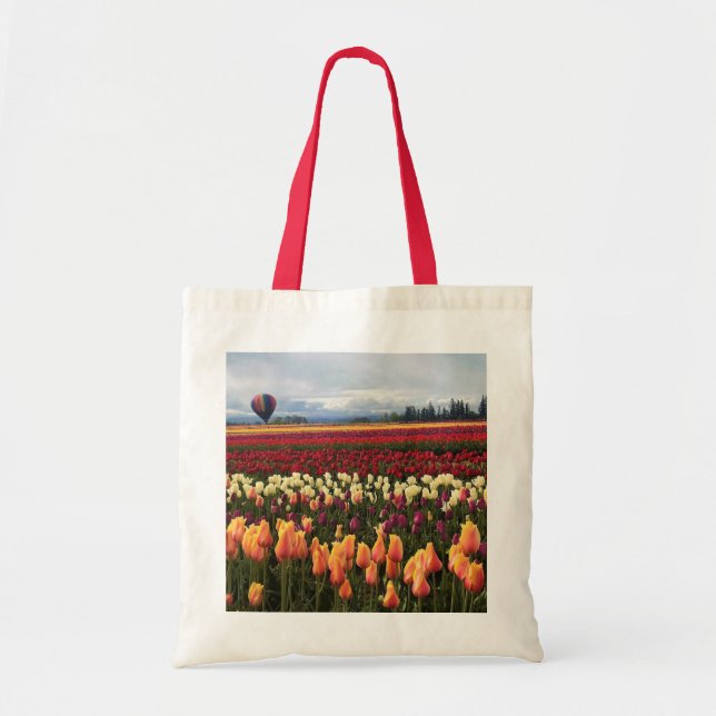 Schönes Tulip Field mit Heißluftballon, Oregon Tragetasche (Vorne)