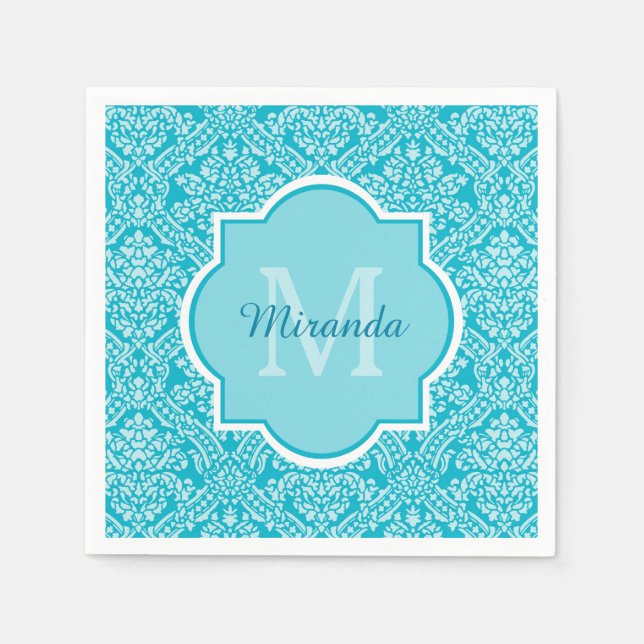 Schönes türkisfarbenes Damaskusmuster Monogramm mi Serviette (Vorderseite)
