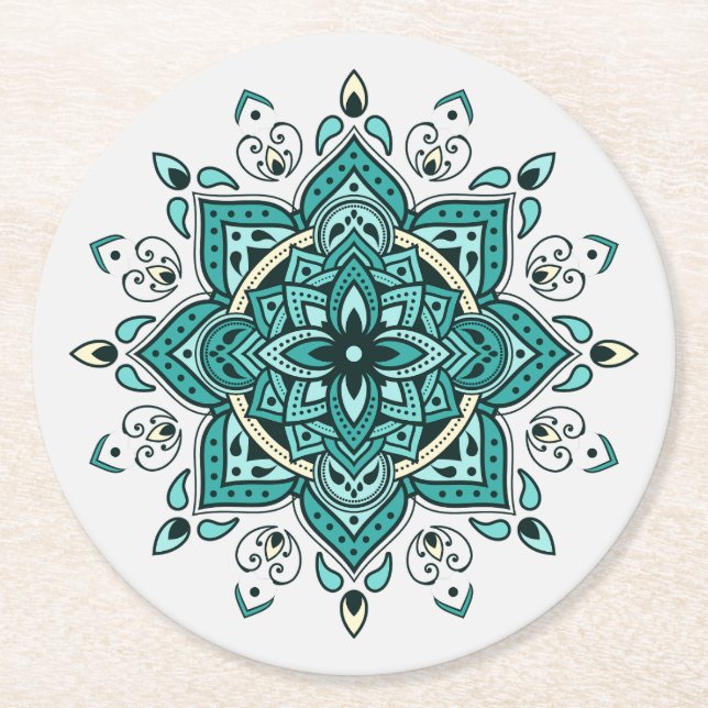 Schönes türkisfarbenes Mandala-Design Runder Pappuntersetzer (Vorderseite)