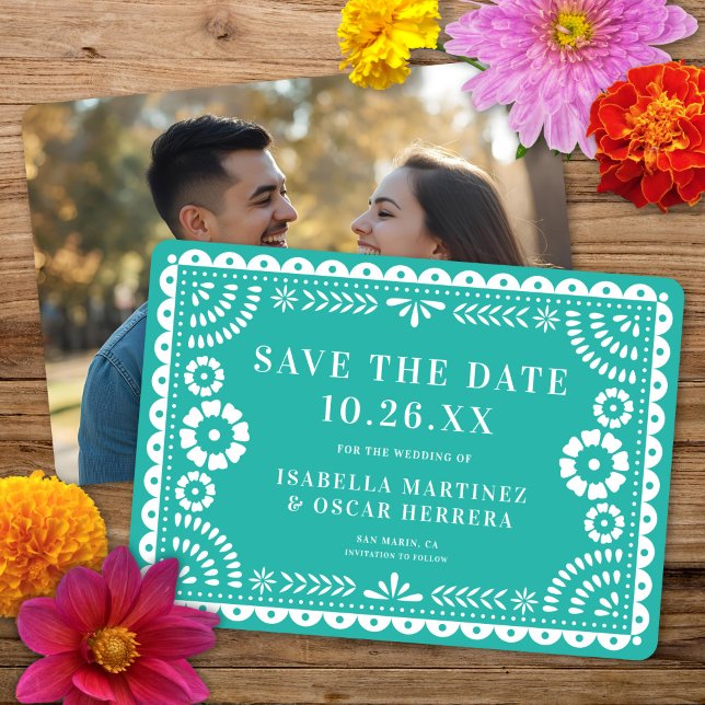 Schönes Verziertes Papel Picado Foto Aqua Wedding Save The Date (Von Creator hochgeladen)