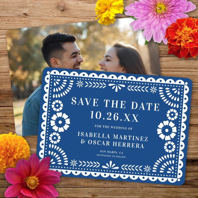 Schönes Verziertes Papel Picado Foto Blue Wedding Save The Date (Von Creator hochgeladen)