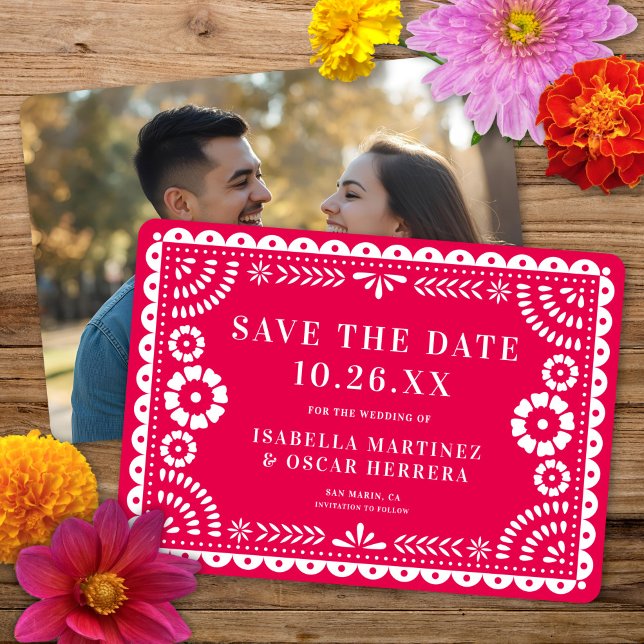 Schönes Verziertes Papel Picado Foto Rosa Hochzeit Save The Date (Von Creator hochgeladen)