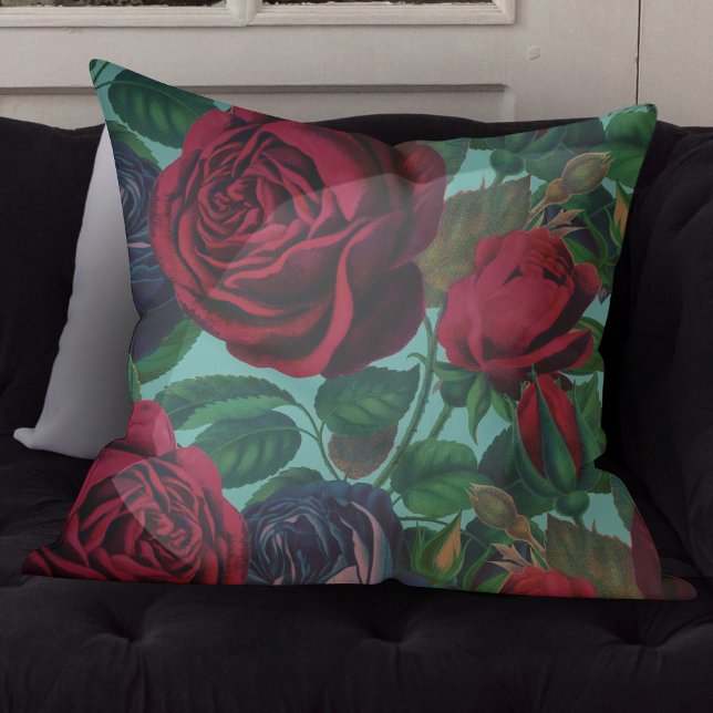 Schönes Vintages Blau und Aquamarine Rote Rosen Kissen (Von Creator hochgeladen)