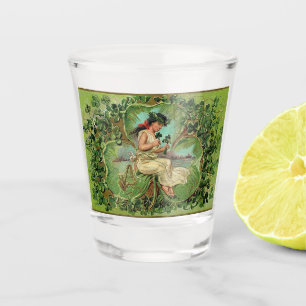 Schönes Vintages Mädchen mit Kleeblättern Schnapsglas