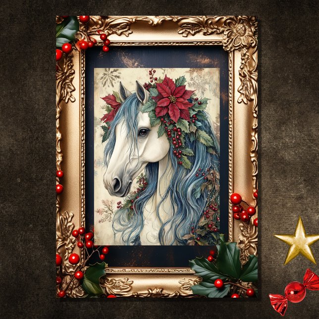 Schönes Vintages Pferd mit Rahmen Weihnachten (Front - Beautiful Vintage Horse with Frame Christmas Holiday Card)