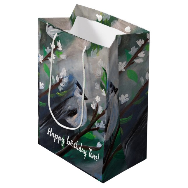 Schönes Vogelfrühlingsgemälde Mittlere Geschenktüte (Vorderseite Schrägansicht)