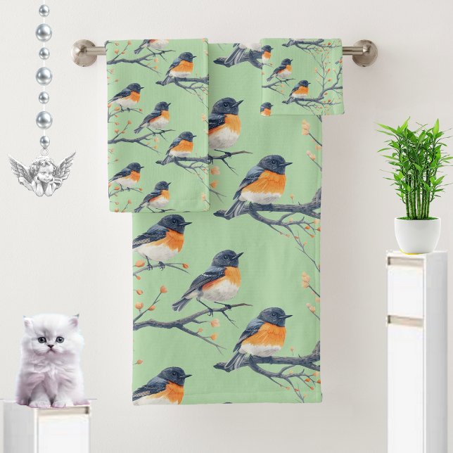Schönes Vogelmuster auf hell mintgrünem Hintergrun Badhandtuch Set (Von Creator hochgeladen)