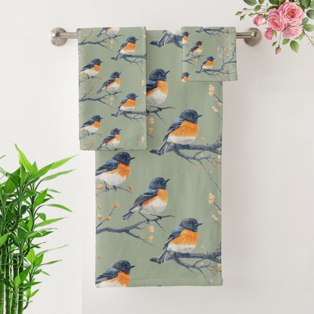 Schönes Vogelmuster auf Salbeigrün Badhandtuch Set (Von Creator hochgeladen)