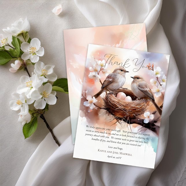 Schönes Vogelnisting Party Twins Baby Dusche Dankeskarte (Beautiful Birds In Nest Nesting Party Twins Gender Neutral Baby Shower Flat Thank You Card)