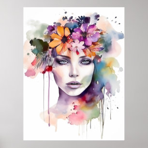 Schönes Wasserfarbenmädchen mit Blume in ihrem Haa Poster