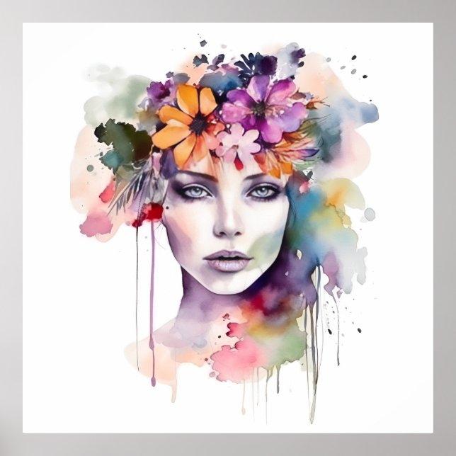 Schönes Wasserfarbenmädchen mit Blume in ihrem Haa Poster (Vorne)