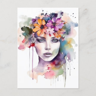 Schönes Wasserfarbenmädchen mit Blume in ihrem Haa Postkarte
