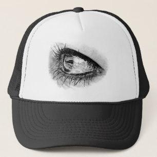 Schönes weibliches Auge in Mascara Truckerkappe