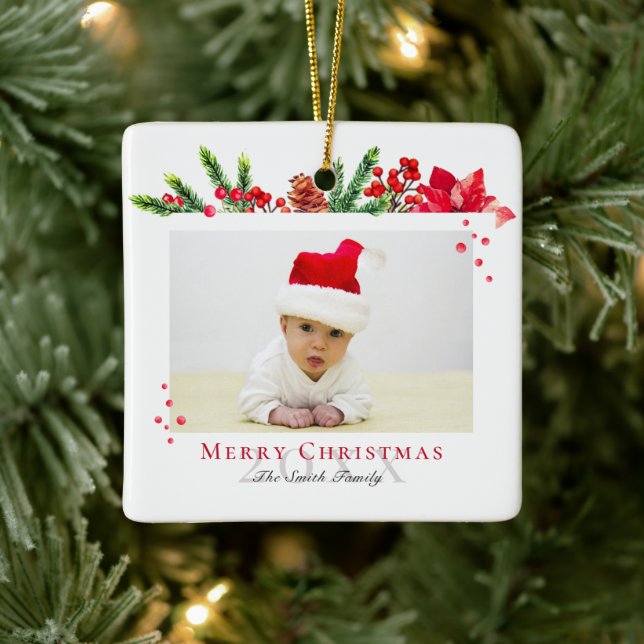 Schönes Weihnachtsrahmen Personalisiertes Foto Keramikornament (Baum)