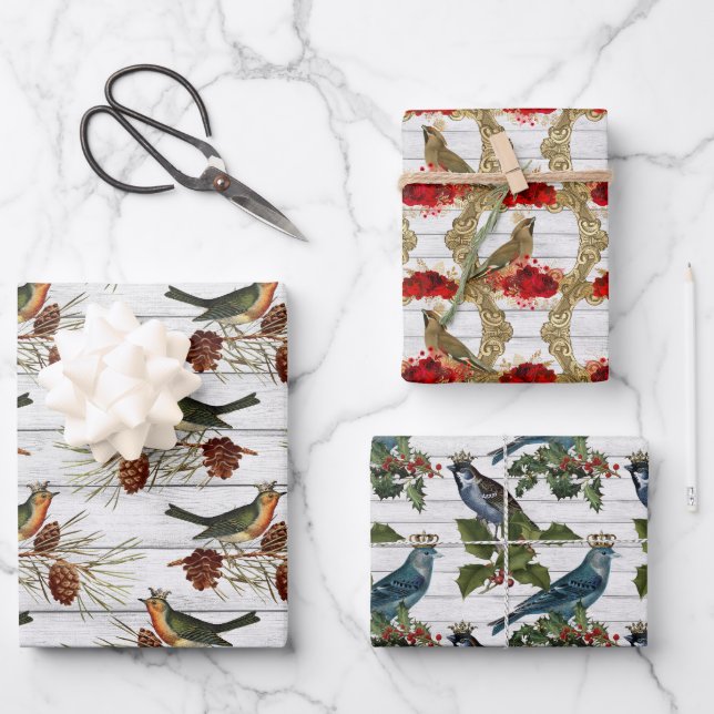 Schönes Weihnachtsvogelmuster Geschenkpapier Set (Vorderseite)