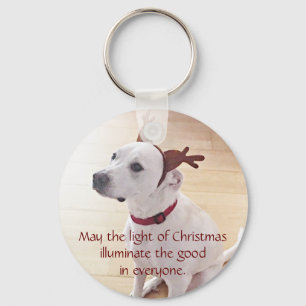 Schönes Weiß Rentier Welpenhund Weihnachtslicht Schlüsselanhänger