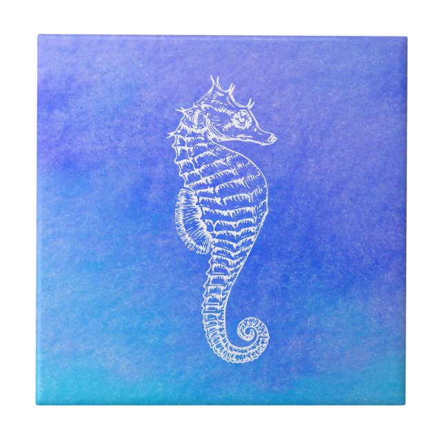 Schönes Weiß-Seepferd mit Lila blauer Wasserfarbe Fliese (Vorderseite)