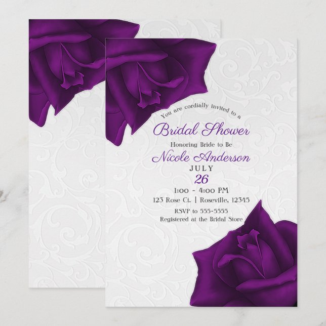 Schönes Weiß Textur Lila Rose Brautparty Einladung (Vorne/Hinten)