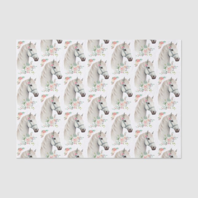 Schönes Weiße Pferde Boho Blumenmuster Seidenpapier (Vorderseite)