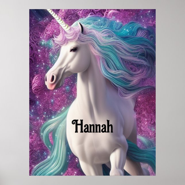 Schönes Weißes Einhorn mit Türkis und Lila Poster (Vorne)