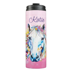Schönes weißes Pferd Blumen Personalisiert  Thermosbecher