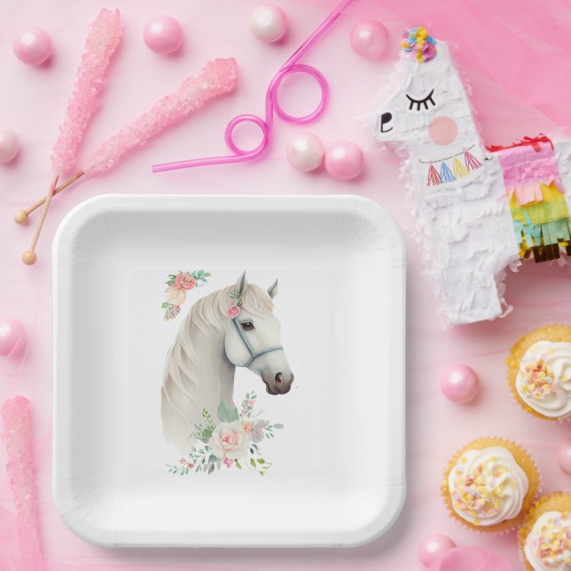 Schönes Weißes Pferd Boho Floral Pappteller (Party)