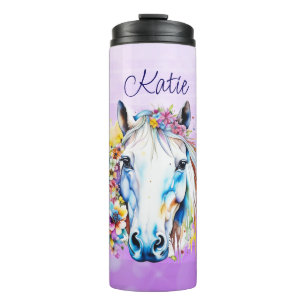Schönes weißes Pferd Florales Personalisiert  Thermosbecher