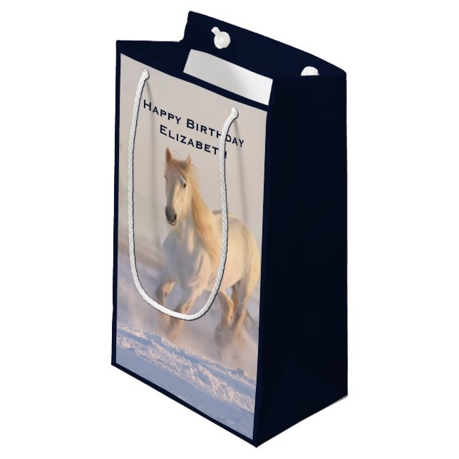 Schönes Weißes Pferd Galloping im Winter Geburtsta Kleine Geschenktüte (Vorderseite Schrägansicht)