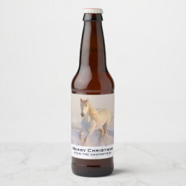 Schönes Weißes Pferd Galopp im Schnee Weihnachten Bierflaschenetikett